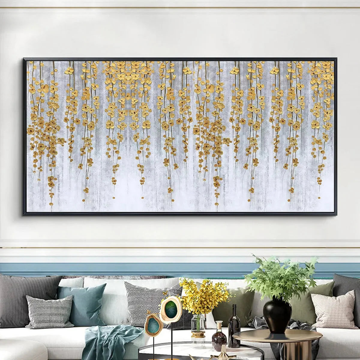 GOLDEN RAIN: Minimalist Floral Oil Painting in Gold and Grey | gold frame stretched on neutral wall