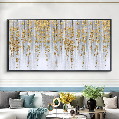 GOLDEN RAIN: Minimalist Floral Oil Painting in Gold and Grey | gold frame stretched on neutral wall