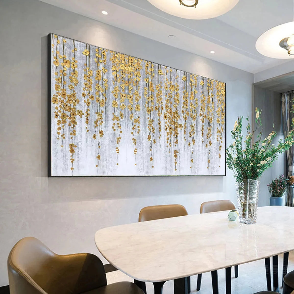 GOLDEN RAIN: Minimalist Floral Oil Painting in Gold and Grey | rolled canvas, ready for custom framing