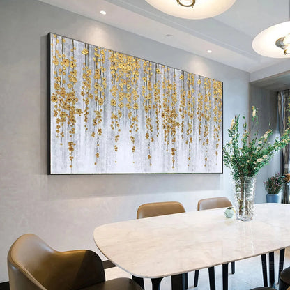 GOLDEN RAIN: Minimalist Floral Oil Painting in Gold and Grey | rolled canvas, ready for custom framing