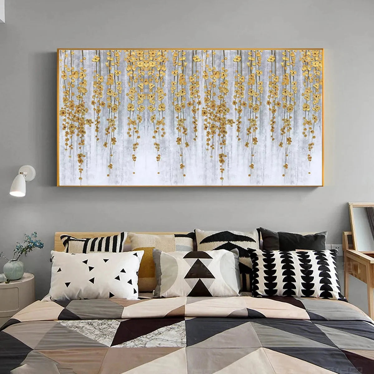 GOLDEN RAIN: Minimalist Floral Oil Painting in Gold and Grey | black frame version on white wall