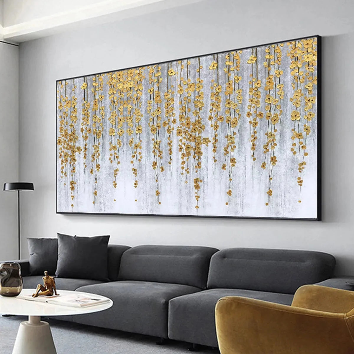 GOLDEN RAIN: Minimalist Floral Oil Painting in Gold and Grey | Minimalist mood, soft natural light studio shot