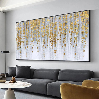 GOLDEN RAIN: Minimalist Floral Oil Painting in Gold and Grey | Minimalist mood, soft natural light studio shot