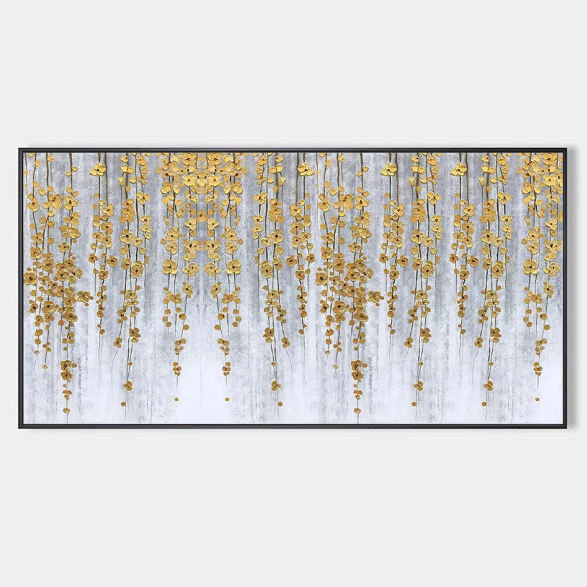 GOLDEN RAIN: Minimalist Floral Oil Painting in Gold and Grey | hanging in living room, Minimalist wall art