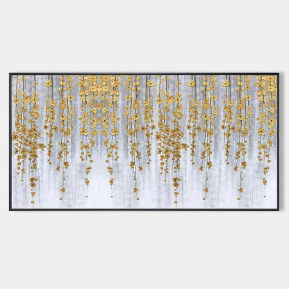 GOLDEN RAIN: Minimalist Floral Oil Painting in Gold and Grey | hanging in living room, Minimalist wall art