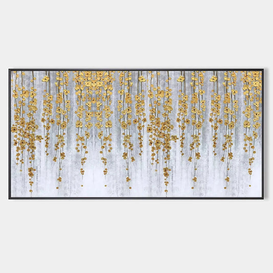 GOLDEN RAIN: Minimalist Floral Oil Painting in Gold and Grey | hanging in living room, Minimalist wall art
