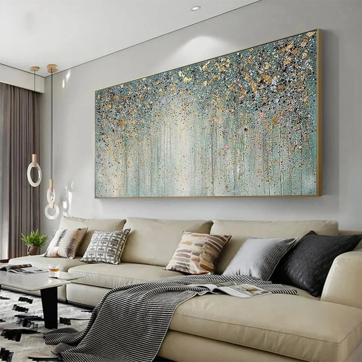 GOLDEN RAIN: Textured Abstract Landscape Painting in Green and Gold | gold frame stretched on neutral wall