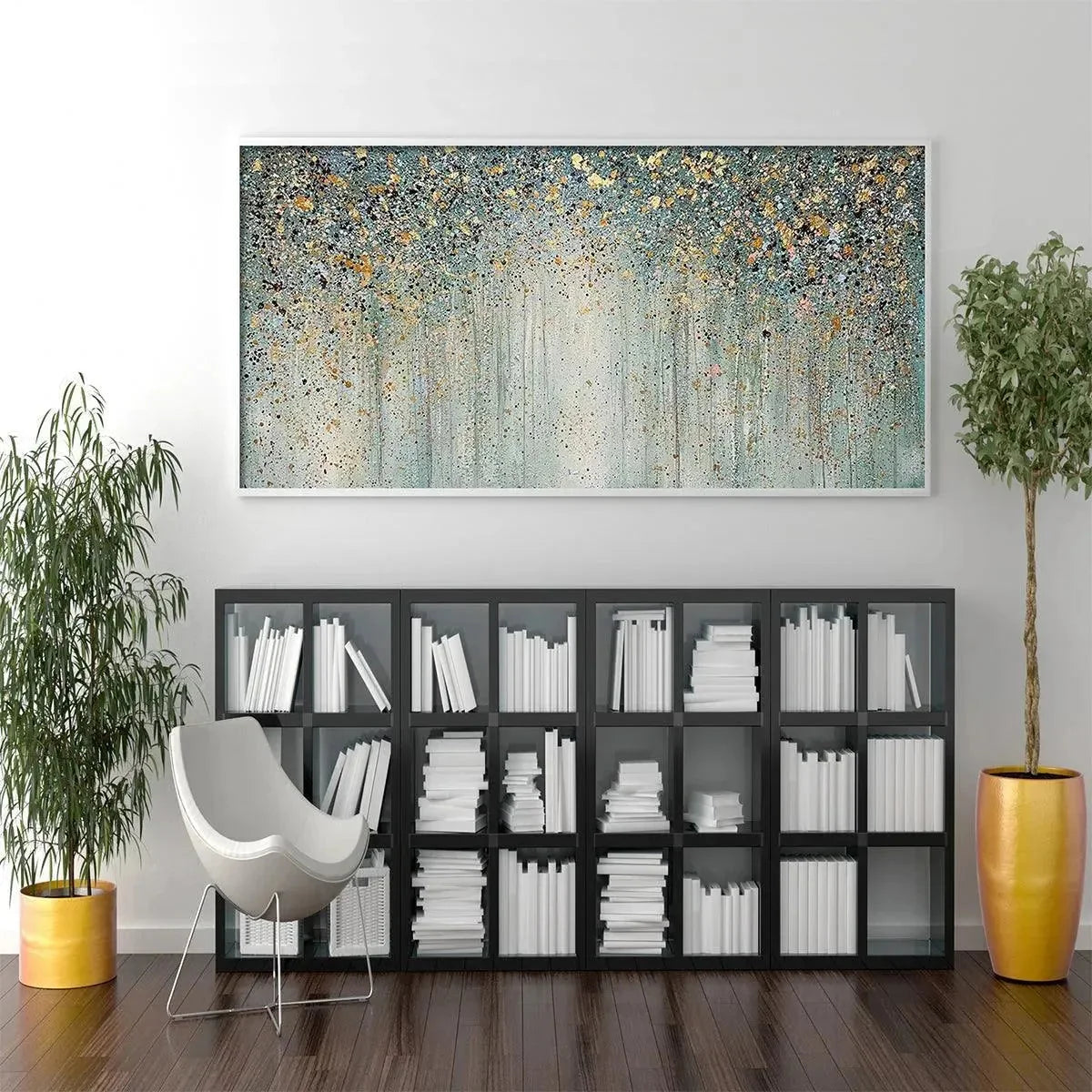 GOLDEN RAIN: Textured Abstract Landscape Painting in Green and Gold | black frame version on white wall