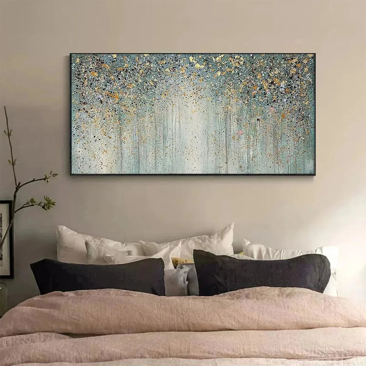 GOLDEN RAIN: Textured Abstract Landscape Painting in Green and Gold | green palette, original oil on stretched canvas art