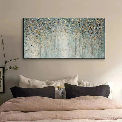 GOLDEN RAIN: Textured Abstract Landscape Painting in Green and Gold | green palette, original oil on stretched canvas art