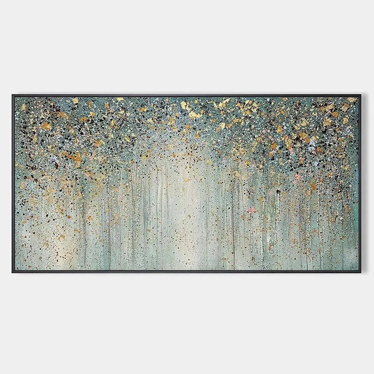 GOLDEN RAIN: Textured Abstract Landscape Painting in Green and Gold | hanging in living room, Abstract wall art