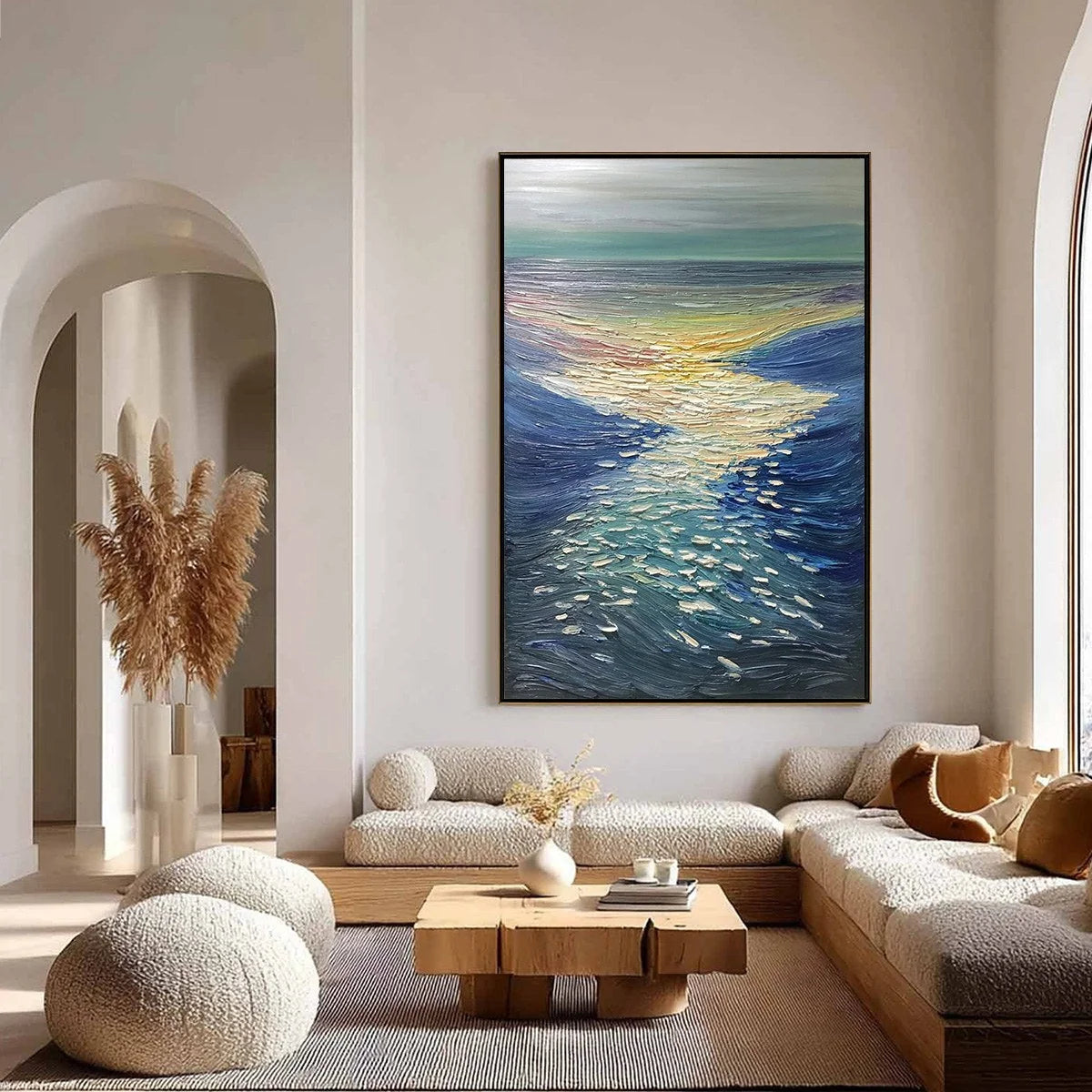 GOLDEN REFLECTION: Textured Impasto Seascape Oil Painting of Ocean Sunset | gold frame stretched on neutral wall