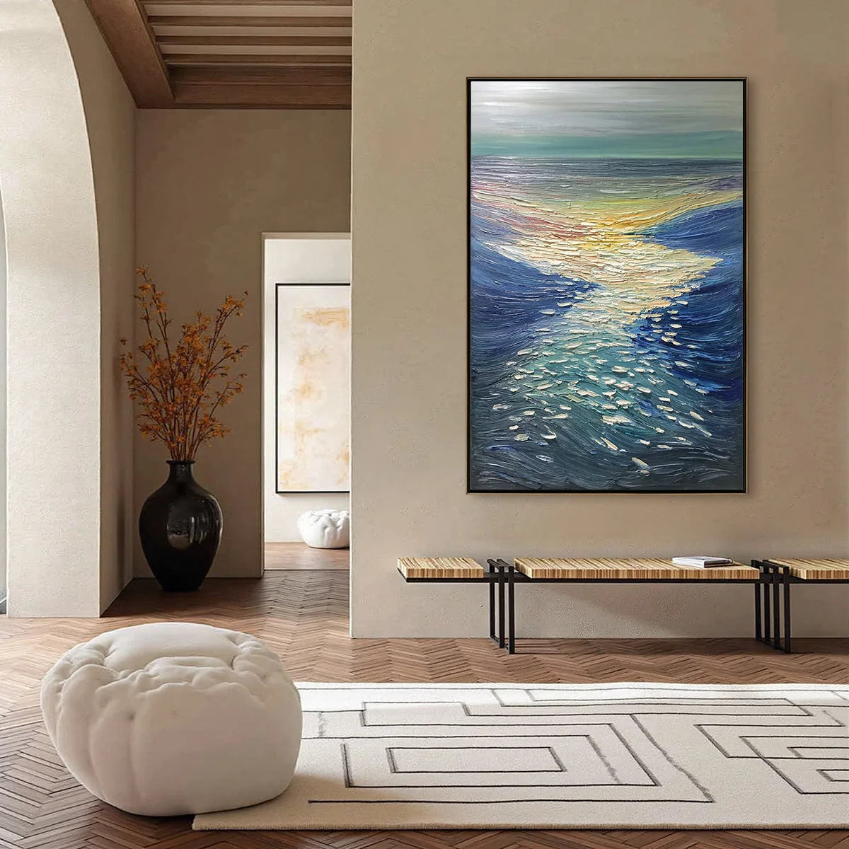 GOLDEN REFLECTION: Textured Impasto Seascape Oil Painting of Ocean Sunset | black frame version on white wall