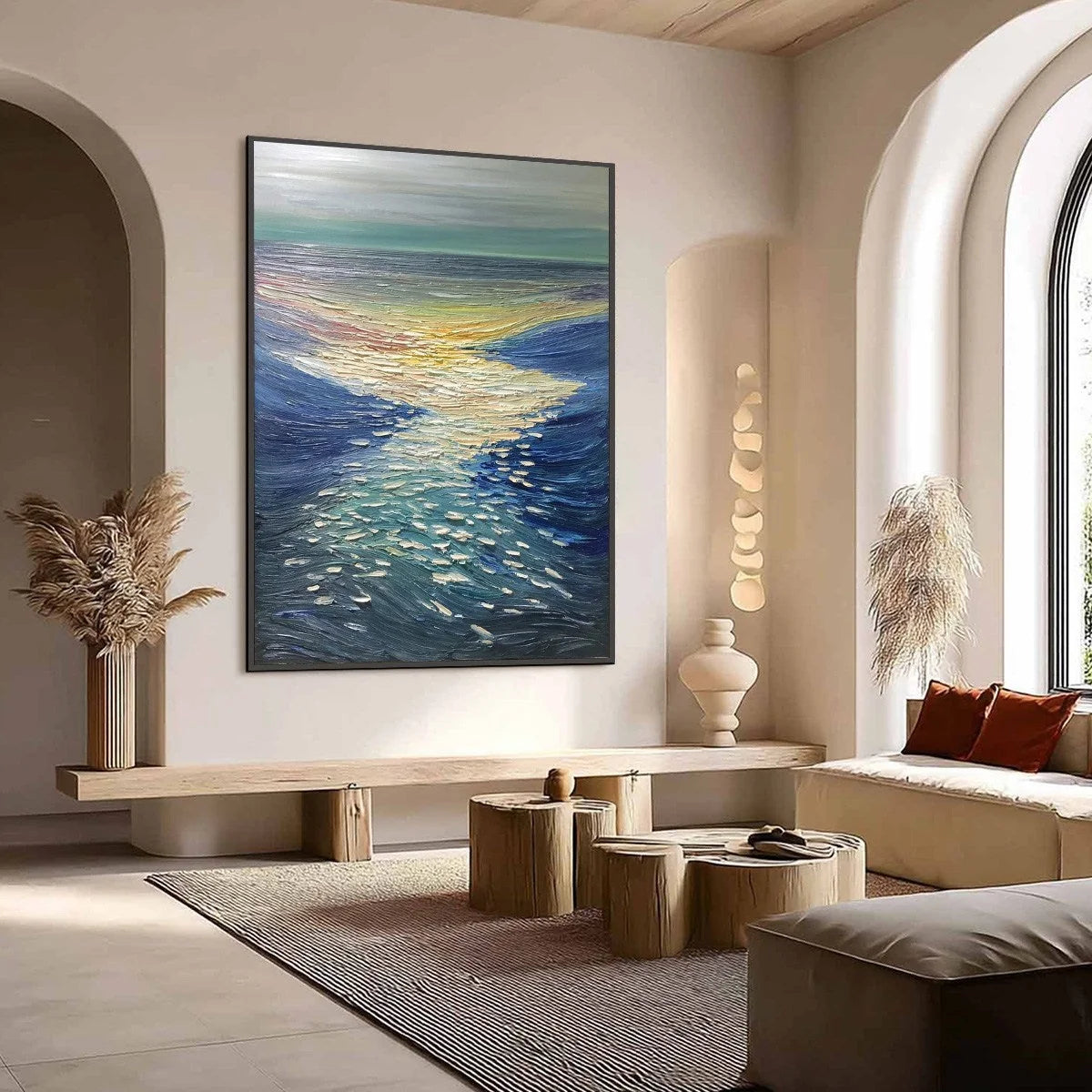 GOLDEN REFLECTION: Textured Impasto Seascape Oil Painting of Ocean Sunset | Abstract mood, soft natural light studio shot