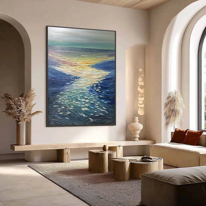 GOLDEN REFLECTION: Textured Impasto Seascape Oil Painting of Ocean Sunset | Abstract mood, soft natural light studio shot