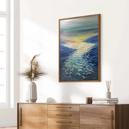 GOLDEN REFLECTION: Textured Impasto Seascape Oil Painting of Ocean Sunset | yellow palette, original oil on stretched canvas art