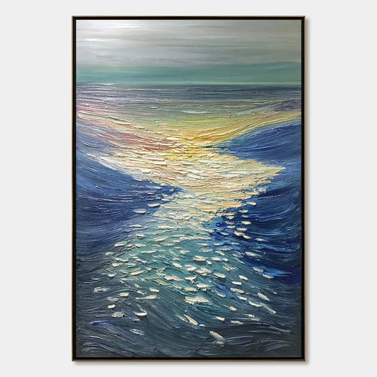 GOLDEN REFLECTION: Textured Impasto Seascape Oil Painting of Ocean Sunset | hanging in living room, Abstract wall art