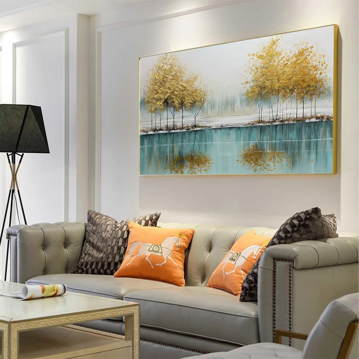 GOLDEN REFLECTIONS: Serene Landscape Oil Painting | gold frame stretched on neutral wall