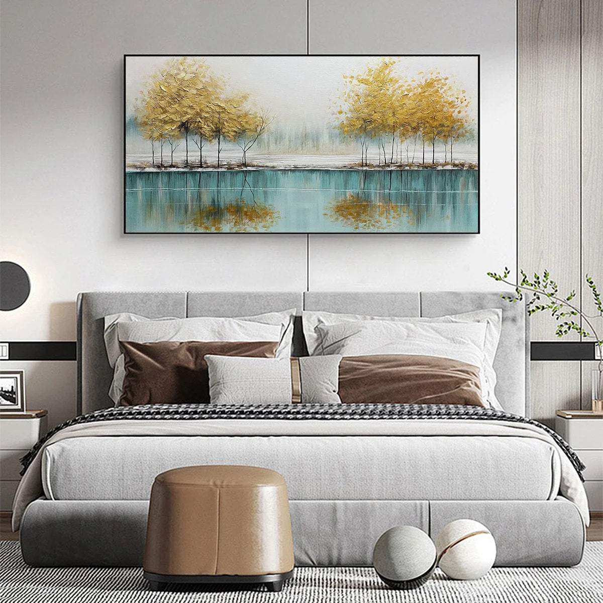 GOLDEN REFLECTIONS: Serene Landscape Oil Painting | black frame version on white wall