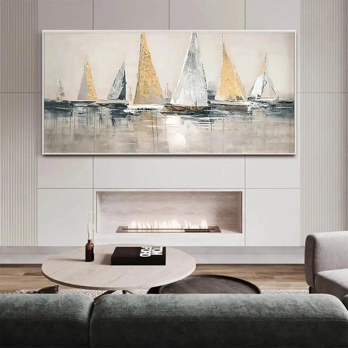 GOLDEN REGATTA: Panoramic Sailboat Painting | Abstract closeup, raised brushwork detail