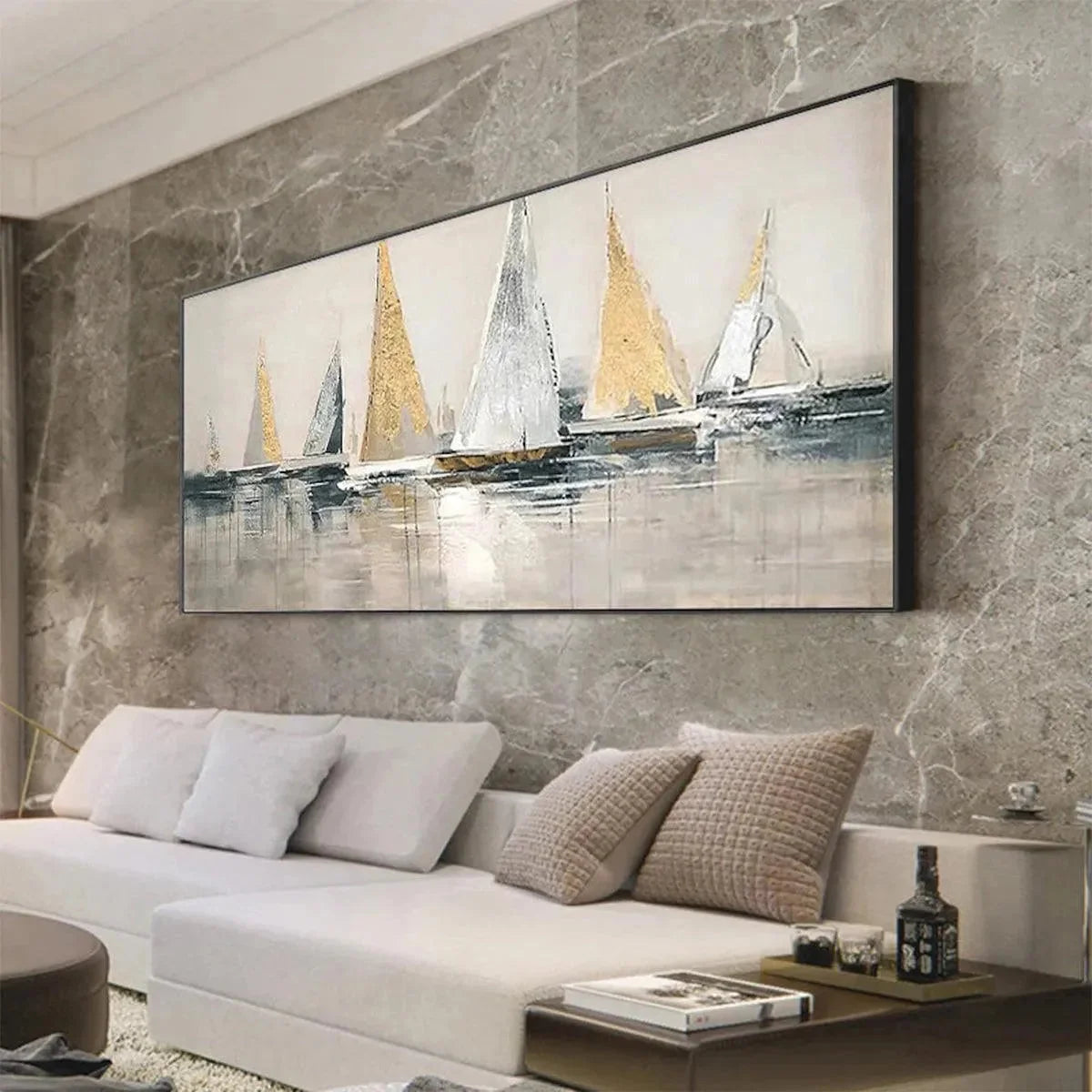 GOLDEN REGATTA: Panoramic Sailboat Painting | gold frame stretched on neutral wall