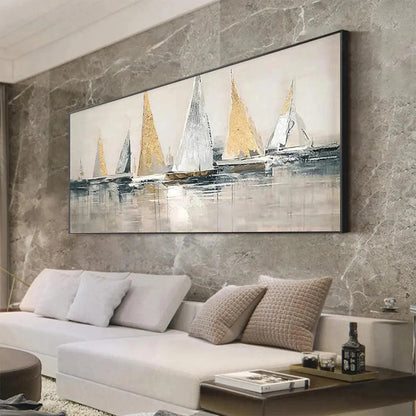 GOLDEN REGATTA: Panoramic Sailboat Painting | gold frame stretched on neutral wall
