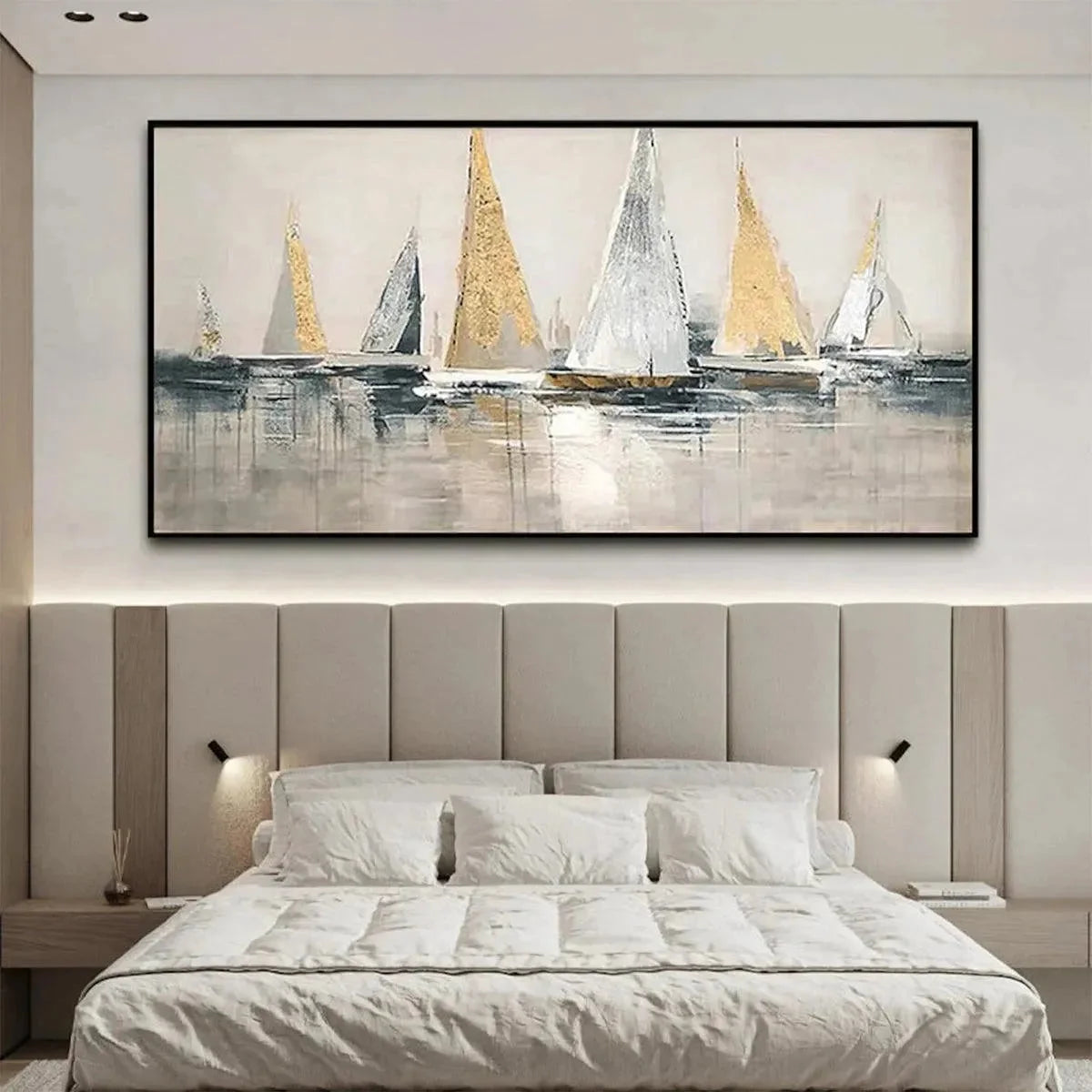 GOLDEN REGATTA: Panoramic Sailboat Painting | black frame version on white wall