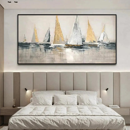 GOLDEN REGATTA: Panoramic Sailboat Painting | black frame version on white wall