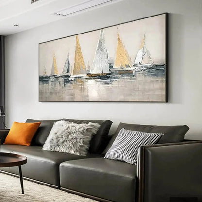 GOLDEN REGATTA: Panoramic Sailboat Painting | Abstract mood, soft natural light studio shot