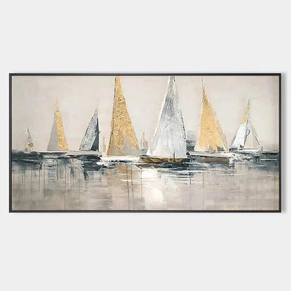 GOLDEN REGATTA: Panoramic Sailboat Painting | hanging in living room, Abstract wall art