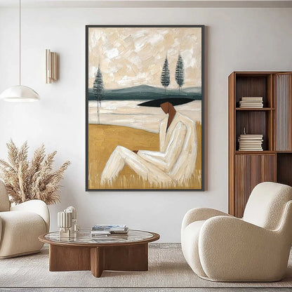 GOLDEN REPOSE: Textured Figurative Painting of a Woman in a Landscape | Landscape closeup, raised brushwork detail