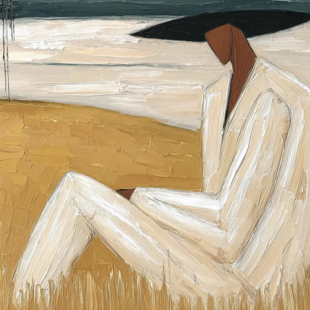 GOLDEN REPOSE: Textured Figurative Painting of a Woman in a Landscape | rectangular format, hand-painted canvas edge