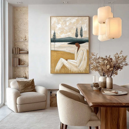 GOLDEN REPOSE: Textured Figurative Painting of a Woman in a Landscape | gold frame stretched on neutral wall