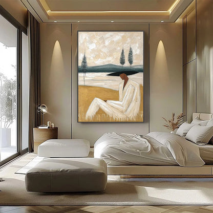 GOLDEN REPOSE: Textured Figurative Painting of a Woman in a Landscape | black frame version on white wall