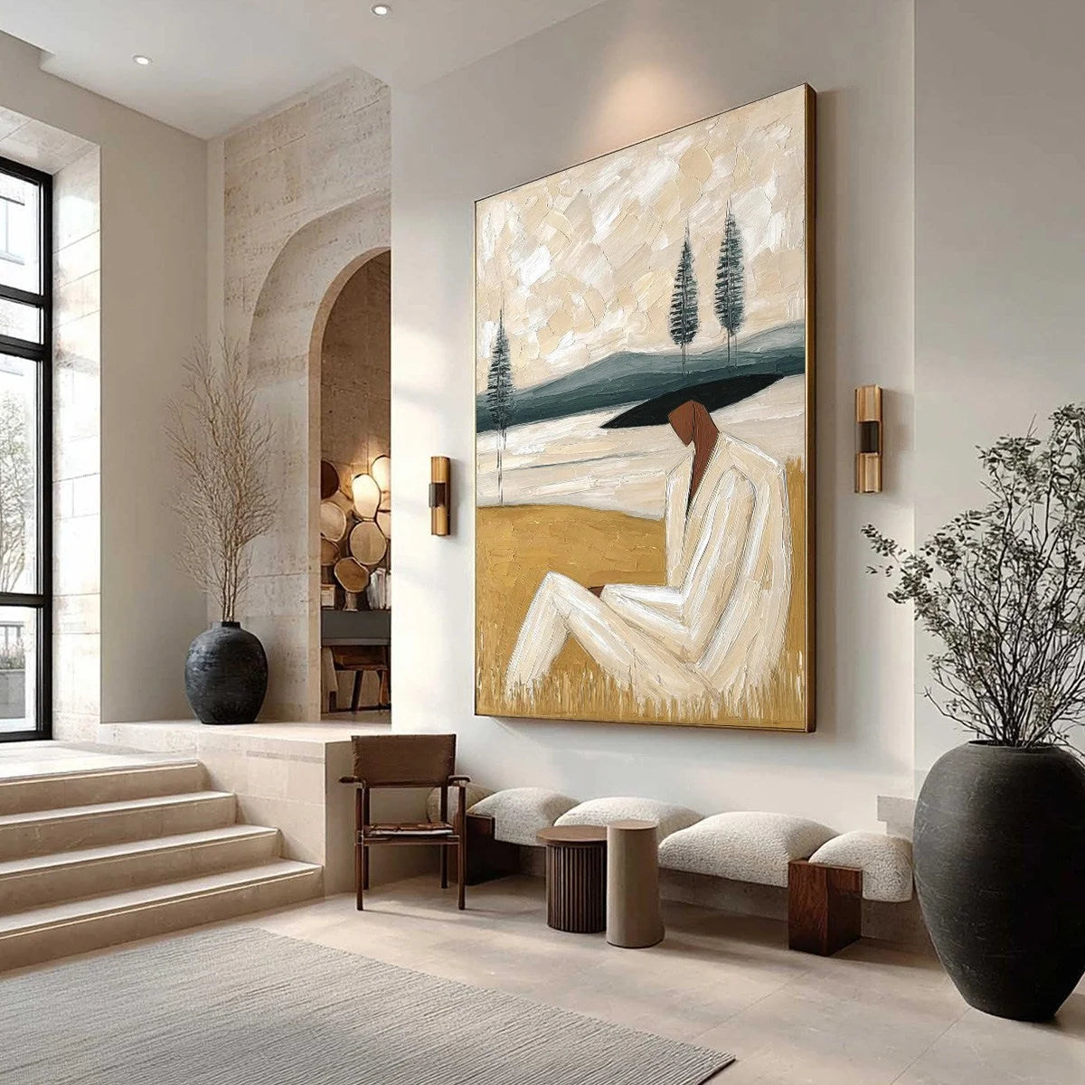 GOLDEN REPOSE: Textured Figurative Painting of a Woman in a Landscape | Landscape mood, soft natural light studio shot