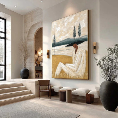 GOLDEN REPOSE: Textured Figurative Painting of a Woman in a Landscape | Landscape mood, soft natural light studio shot