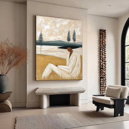 GOLDEN REPOSE: Textured Figurative Painting of a Woman in a Landscape | yellow palette, original oil on stretched canvas art
