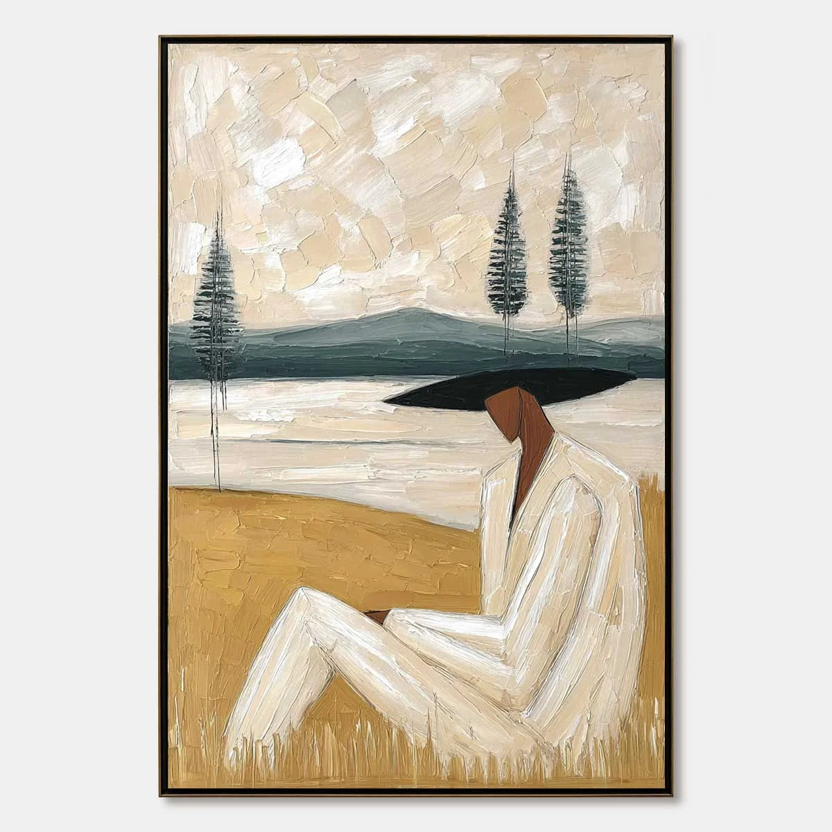 GOLDEN REPOSE: Textured Figurative Painting of a Woman in a Landscape | hanging in living room, Landscape wall art