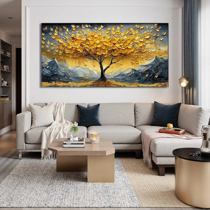 GOLDEN RESILIENCE: Textured Landscape Oil Painting | gold frame stretched on neutral wall
