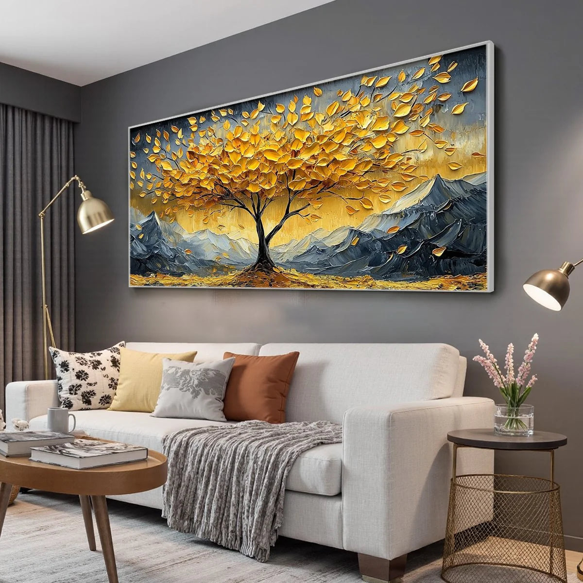 GOLDEN RESILIENCE: Textured Landscape Oil Painting | black frame version on white wall