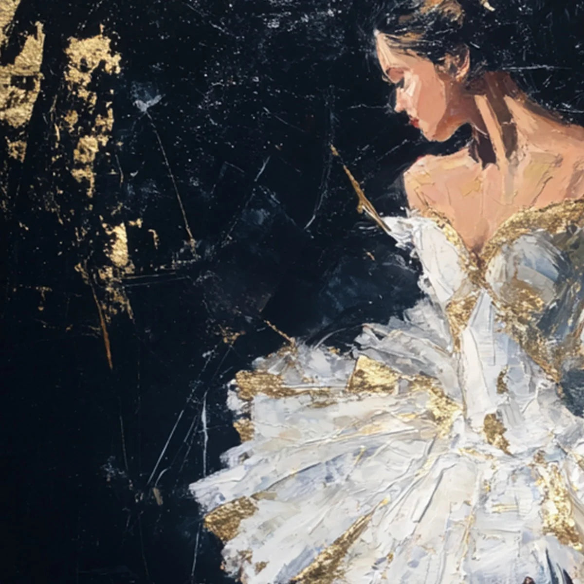 GOLDEN REVERIE: Textured Gold Leaf Ballerina Portrait Painting | rectangular format, hand-painted canvas edge
