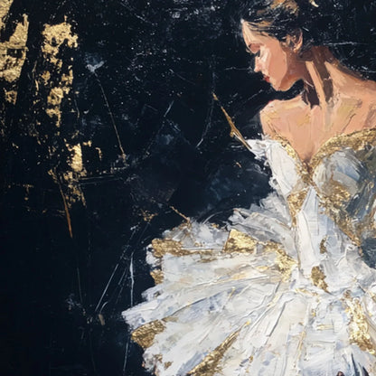 GOLDEN REVERIE: Textured Gold Leaf Ballerina Portrait Painting | rectangular format, hand-painted canvas edge