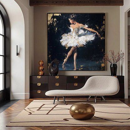 GOLDEN REVERIE: Textured Gold Leaf Ballerina Portrait Painting | gold frame stretched on neutral wall