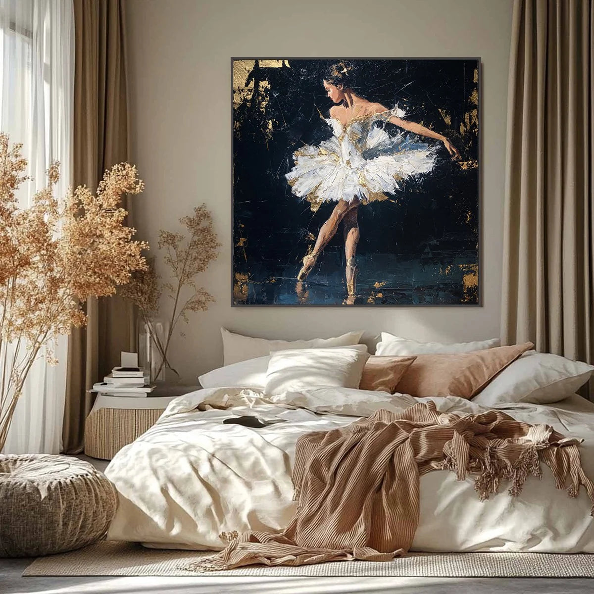 GOLDEN REVERIE: Textured Gold Leaf Ballerina Portrait Painting | black frame version on white wall
