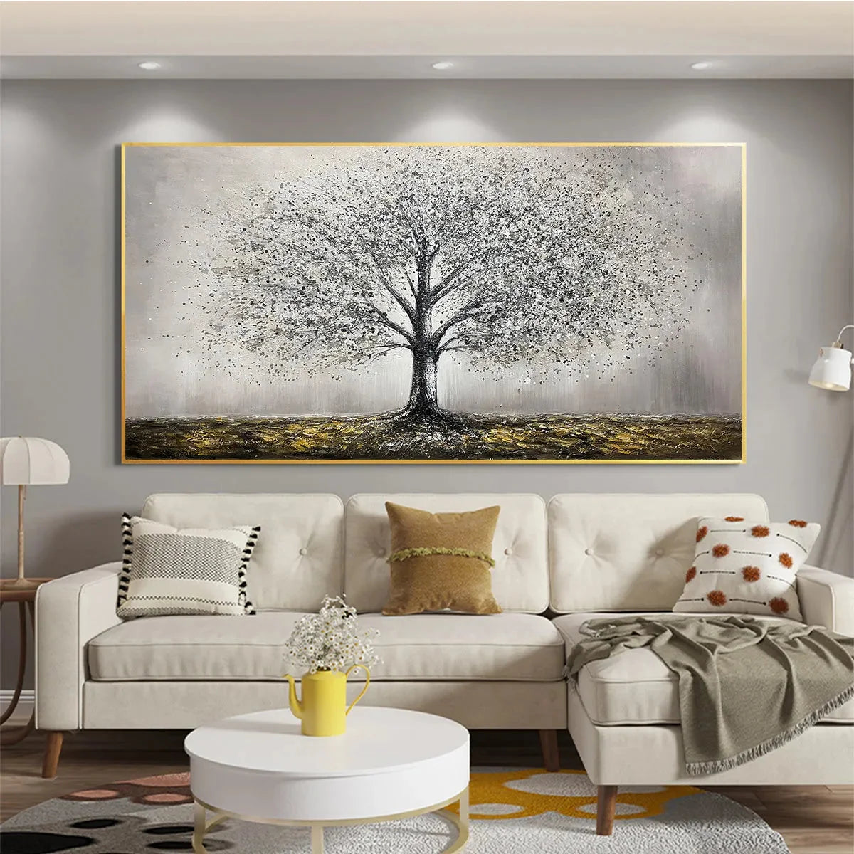 GOLDEN ROOTS: Tree Painting with Textured Gold Ground | black frame version on white wall