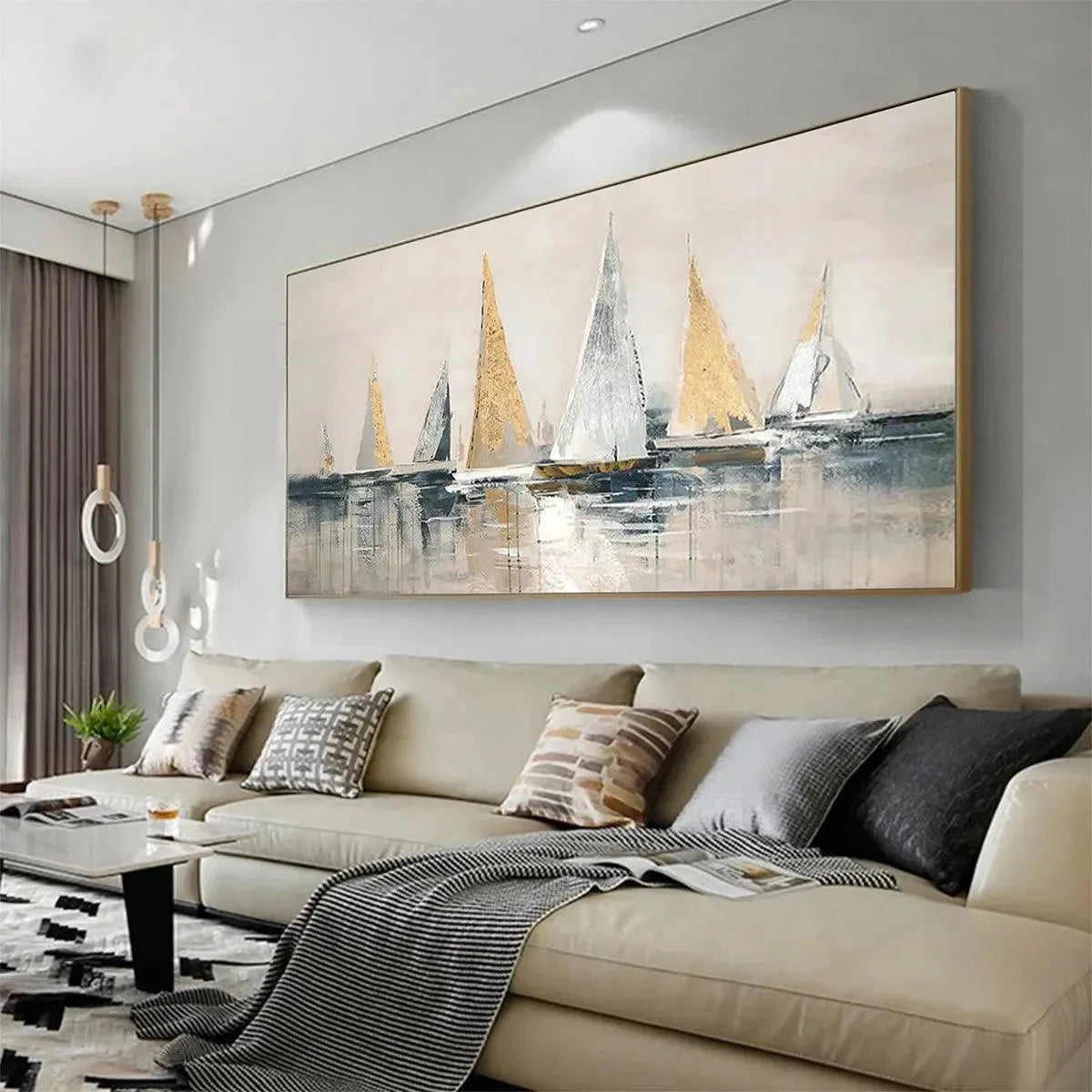 GOLDEN SAILBOATS: Textured Seascape Painting, Horizontal Wall Art | rectangular format, hand-painted canvas edge