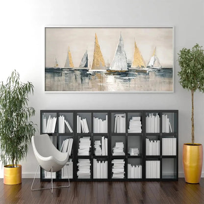 GOLDEN SAILBOATS: Textured Seascape Painting, Horizontal Wall Art | gold frame stretched on neutral wall