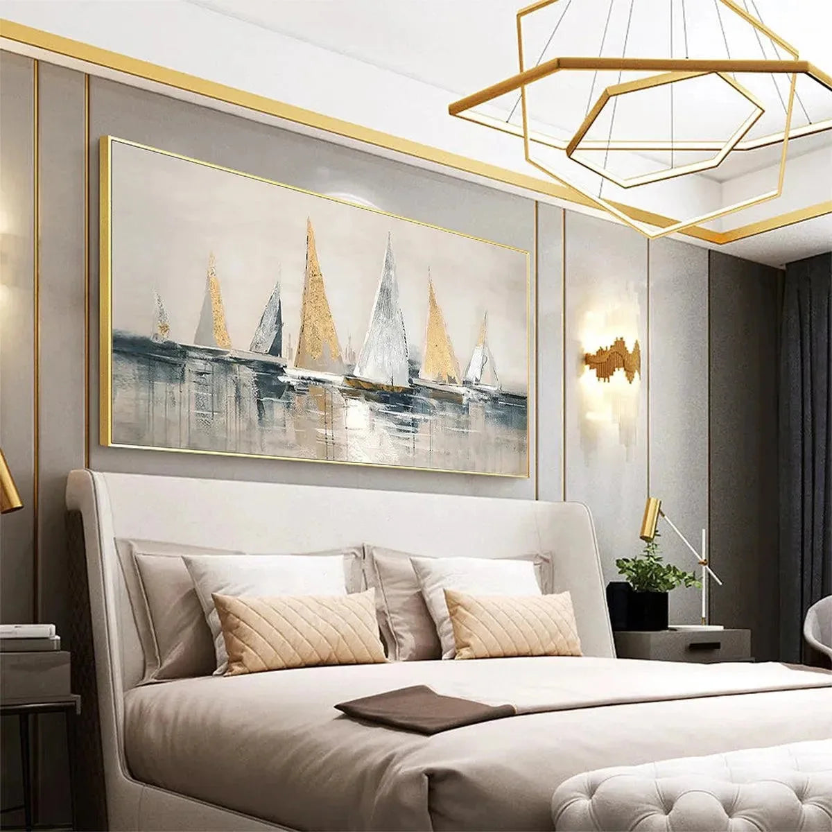 GOLDEN SAILBOATS: Textured Seascape Painting, Horizontal Wall Art | rolled canvas, ready for custom framing