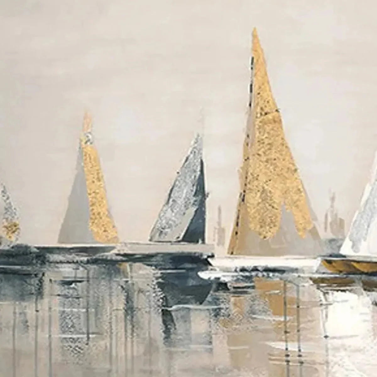 GOLDEN SAILBOATS: Textured Seascape Painting, Horizontal Wall Art | black frame version on white wall