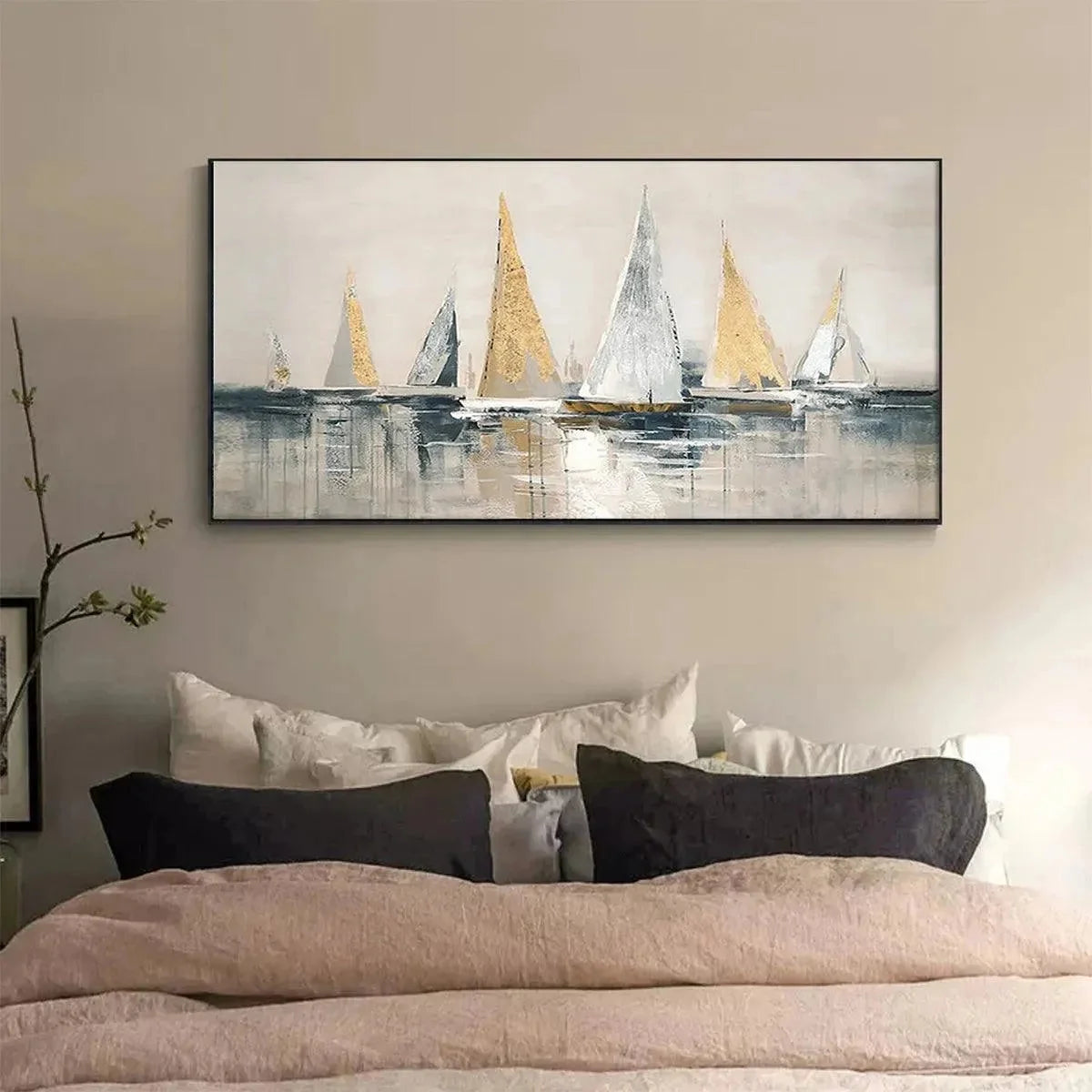 GOLDEN SAILBOATS: Textured Seascape Painting, Horizontal Wall Art | Abstract mood, soft natural light studio shot